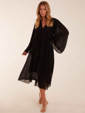 Wrap Front Pleated Sleeve Midi Dress