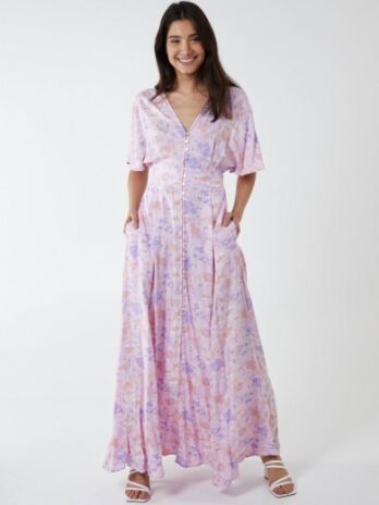 Button Through Angel Sleeve Maxi Dress